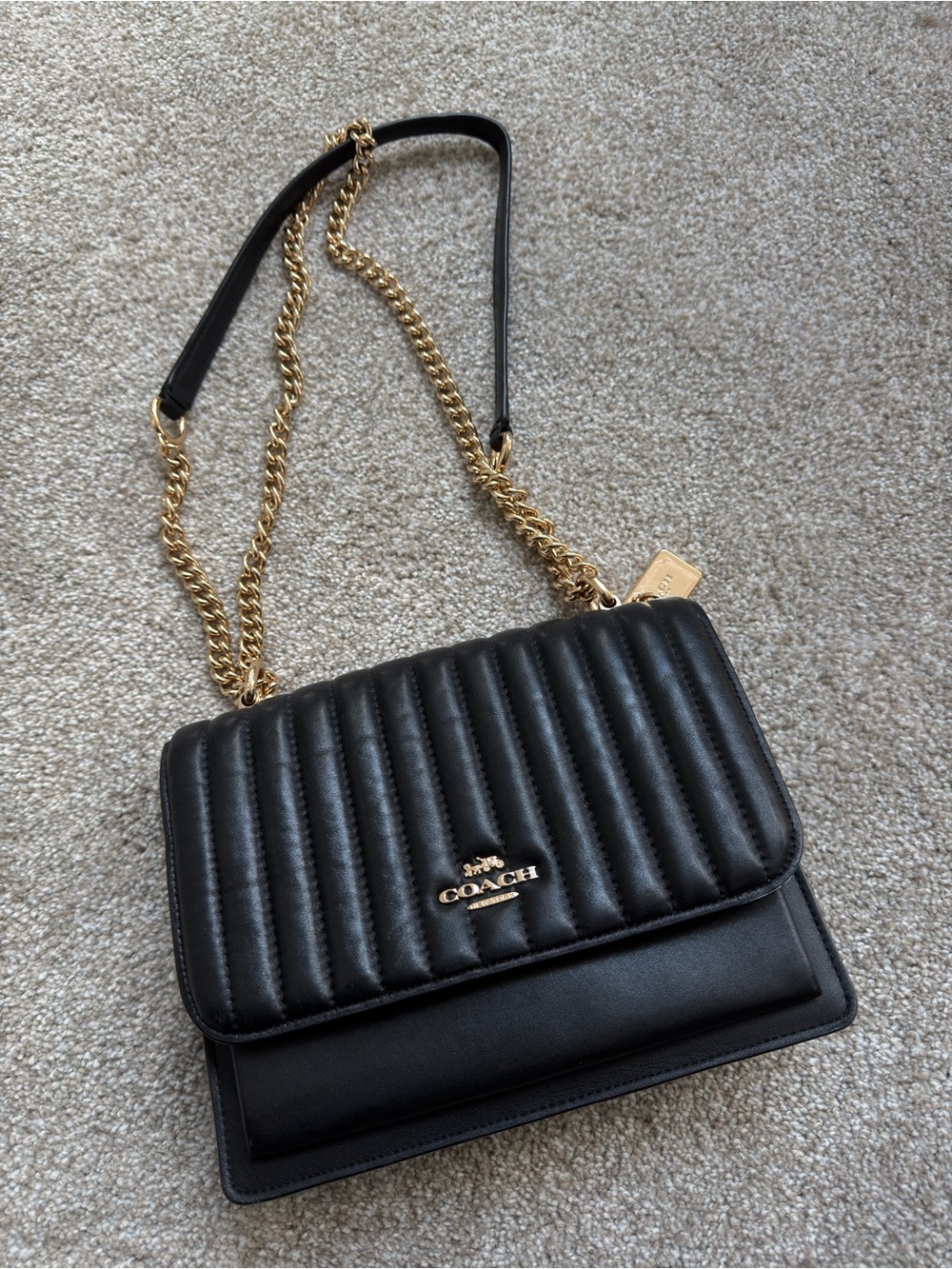Coach Quilted Leather Shoulder Bag in Black with Gold Chain